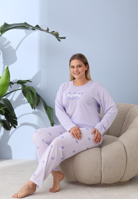 Pijama Dama ,Big Size ,''Keep Thing " cu Pantloni si Maneca lunga, Culoare Lila,Engros